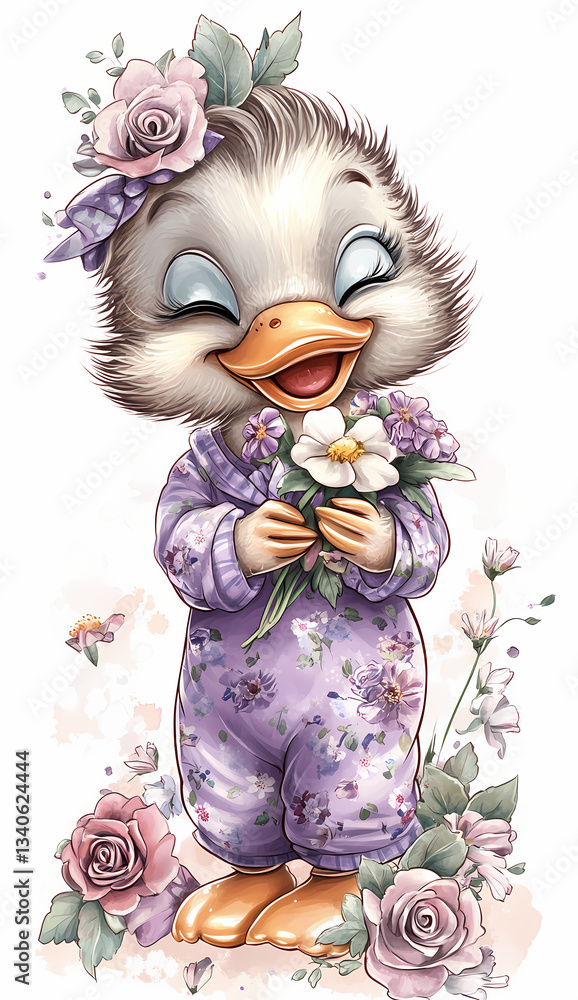 Cute cartoon character holding flowers in a joyful garden setting Generative AI Cute cartoon character holding flowers in a joyful garden setting Generative AI