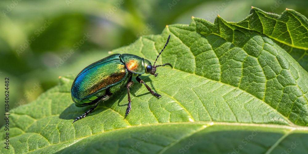 Jewel Beetle with Iridescent Shell on a Leaf Jewel Beetle with Iridescent Shell on a Leaf