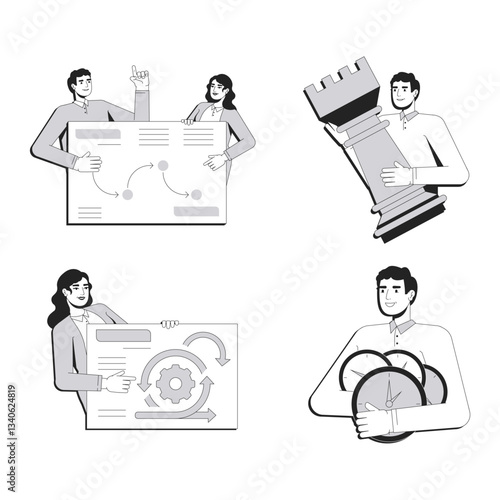 Business planning line conceptual illustration set. Marketing strategy, workflow organization. Process management, control. 2D outline characters isolated. Linear drawings grayscale vector collection