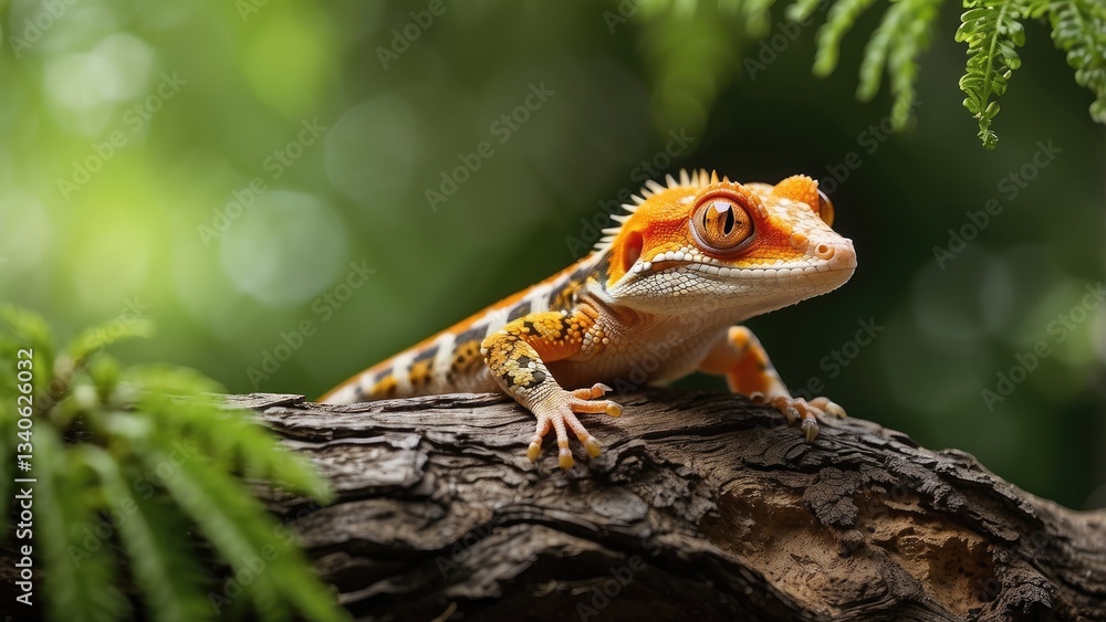 Fototapeta premium A vibrant gecko perched on a textured tree trunk, surrounded by lush green foliage.