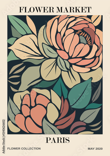 Abstract Flower Market Paris poster. Trendy botanical wall art with peony floral design in earth tone colors. Modern naive groovy funky interior decoration, painting. Vector art illustration.