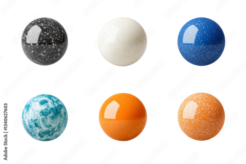 Set of six different colored balls, including blue, orange, and white, isolated Set of six different colored balls, including blue, orange, and white, isolated
