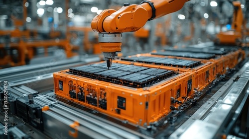 Assembly Line Robotic Arm Manufacturing EV Batteries