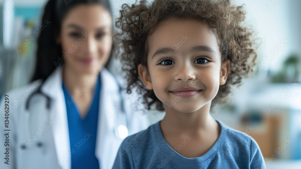 A happy child smiling with a doctor in the background. Pediatric healthcare and medical support concept. A happy child smiling with a doctor in the background. Pediatric healthcare and medical support concept.