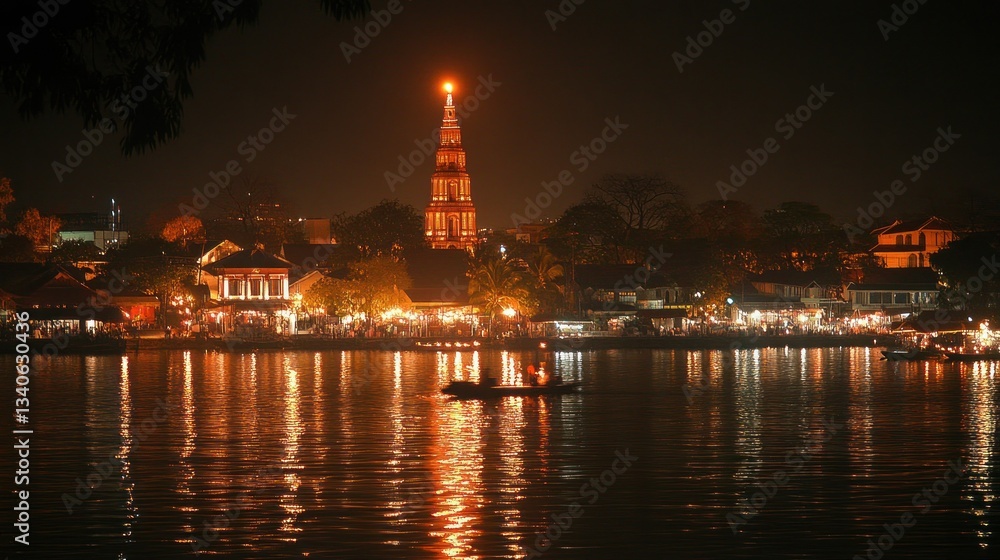 Night Lights on the River: A mesmerizing view of illuminated cityscape reflecting on calm waters. Night Lights on the River: A mesmerizing view of illuminated cityscape reflecting on calm waters.