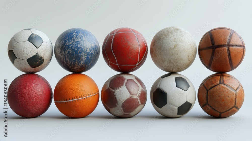 Ten varied sports balls collection displayed in two rows on neutral background Ten varied sports balls collection displayed in two rows on neutral background