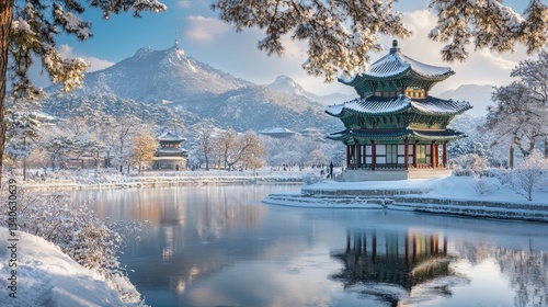 Winter serenity at korean palace garden with snow-covered pavilion and mountains
