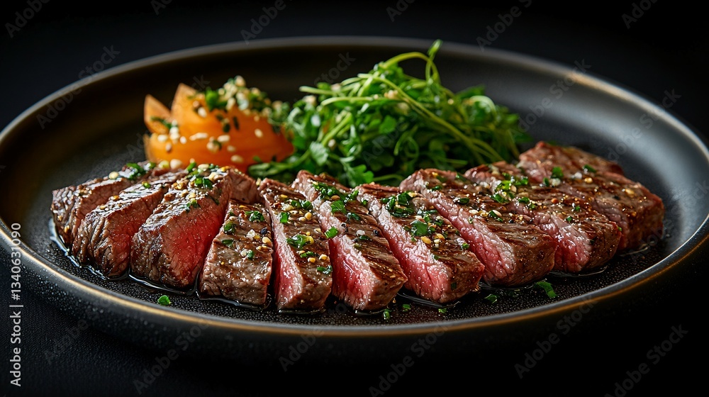 Delicious sliced steak served with garnish on a black plate Delicious sliced steak served with garnish on a black plate