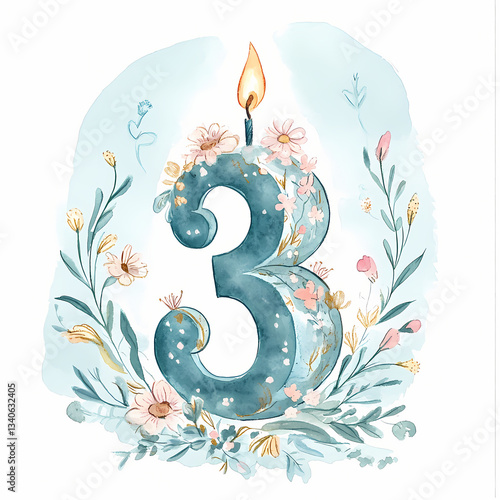 Birthday candle featured among flowers to celebrate turning three years old Generative AI