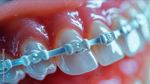 Close-up of teeth with braces showcasing dental care and orthodontic treatment.