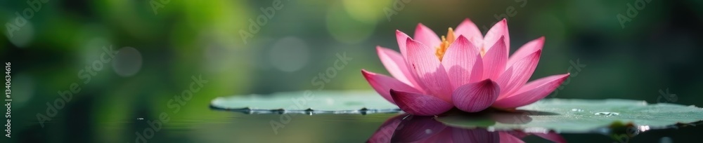 Pink lotus blossom emerging from serene pond water, flower, lily Pink lotus blossom emerging from serene pond water, flower, lily