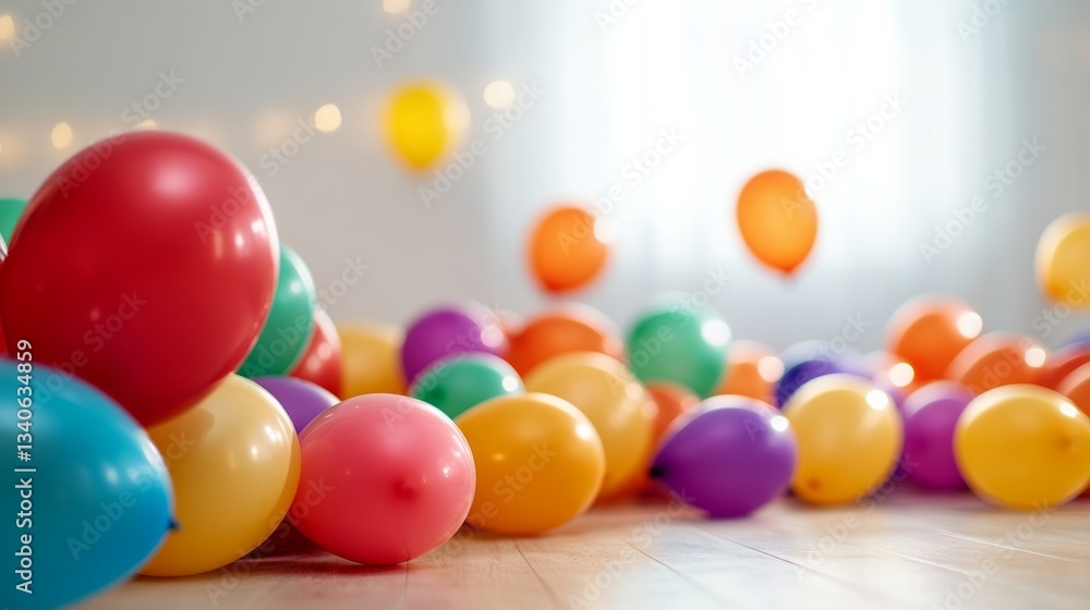 Fototapeta premium Bunch of colorful balloons scattered on the floor. The balloons are of different colors and sizes, creating a vibrant and lively atmosphere. The scene suggests a celebration or a festive event