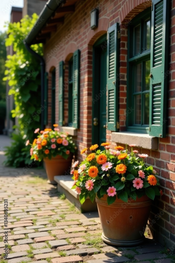 Fototapeta premium Rustic brick colonial, overflowing flower boxes , historic, garden