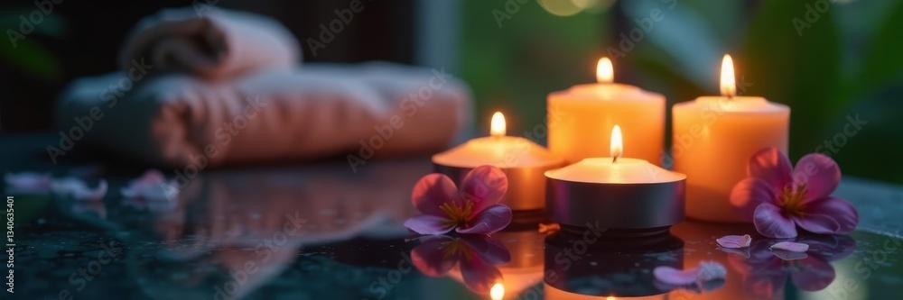 Scented candles cast warm glow in tranquil spa, ambiance, woody Scented candles cast warm glow in tranquil spa, ambiance, woody