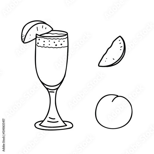 Bellini cocktail and Peach whole fruit and slice. Summer alcoholic Drink with Prosecco and Peach nectar. Hand drawn Black and White Vector illustration in Doodle style isolated on background. For