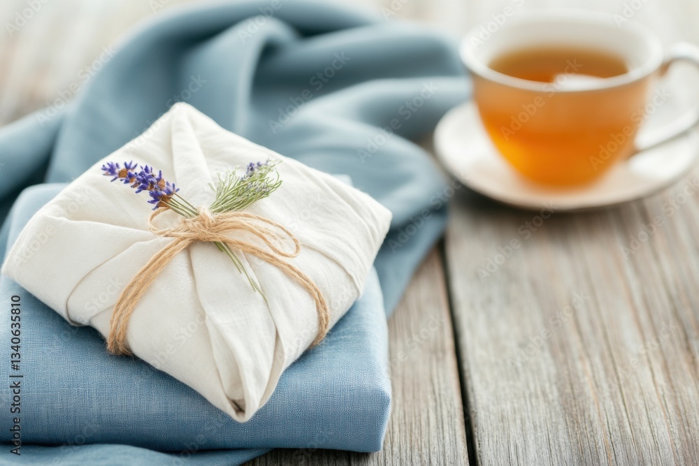 Creative zero-waste gift wrap concept displayed with herbal tea on a rustic wooden table for an artistic presentation Creative zero-waste gift wrap concept displayed with herbal tea on a rustic wooden table for an artistic presentation