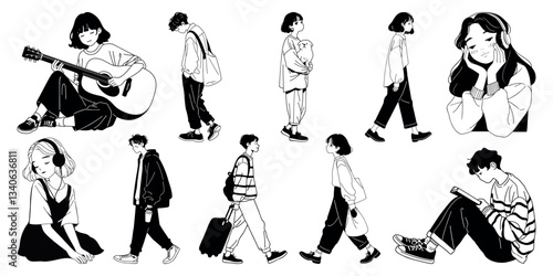 Stylish monochrome character illustrations, element vector set