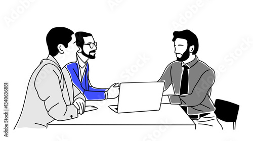 Financial advisor meeting with couple clients. Personal investment management, finance agent, money consultant. Outline, linear, thin line graphic vector illustration on transparent background.