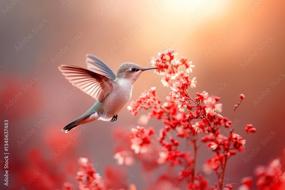 Naklejka premium A tiny hummingbird hovering mid-air, sipping nectar from a brightly colored flower in a rainforest