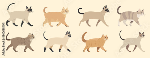 Minimalist cats walking sequence isolated illustration, vector set