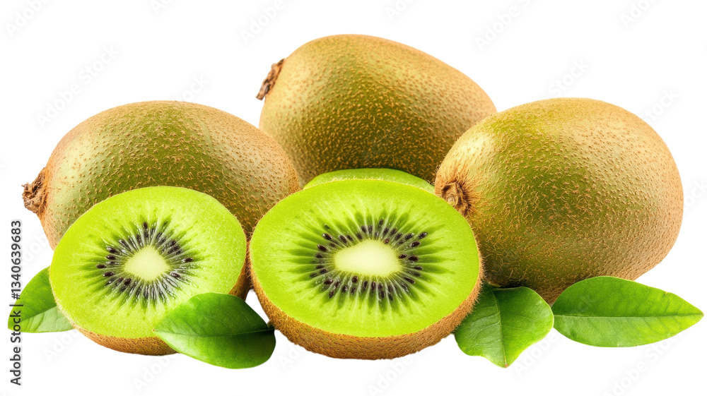 Fototapeta premium Vibrant kiwi fruits artfully arranged with green leaves highlighting their colors and textures