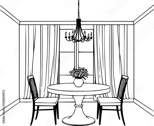 Minimalist monochrome dining room illustration black and white interior design decor modern home furniture table chairs decorative stylish interior space elegant digital download stock vector design g