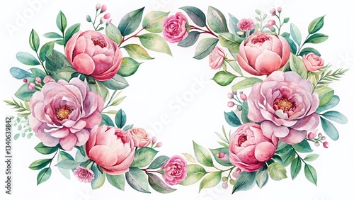 Pink Floral Watercolor Wreath with Eucalyptus & Peonies - Romantic Bouquet Illustration