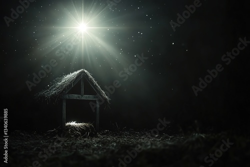 Christmas Nativity Scene Starlit Night, Wooden Manger, Holy Birth