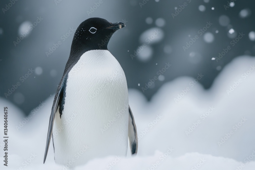 Obraz premium Adélie penguin stands amidst falling snow in a serene Antarctic landscape during winter months