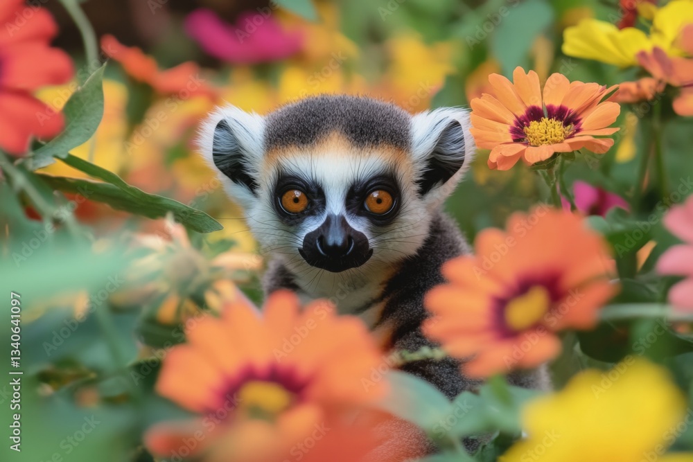 Fototapeta premium Lemur among vibrant flowers in a lush garden during a sunny day