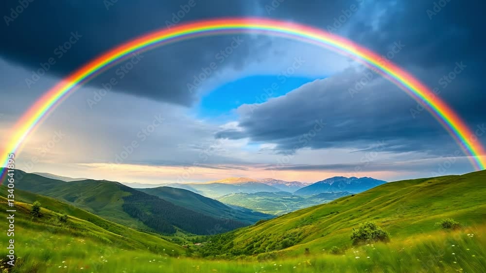 Rainbow over the rolling hills: An awe-inspiring rainbow arches gracefully across a dramatic sky, illuminating a verdant landscape of rolling hills and valleys, promising hope and serenity. Rainbow over the rolling hills: An awe-inspiring rainbow arches gracefully across a dramatic sky, illuminating a verdant landscape of rolling hills and valleys, promising hope and serenity.
