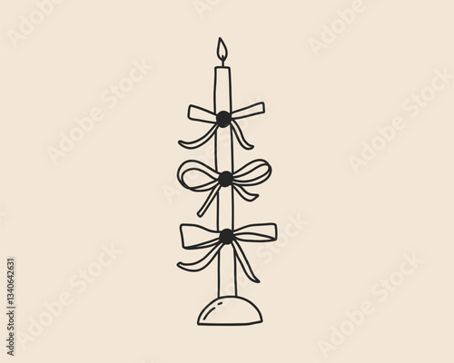 Hand drawn coquette candle with bow. Line art doodle sketch for Christmas, birthday, wedding design template. Vector outline illustration