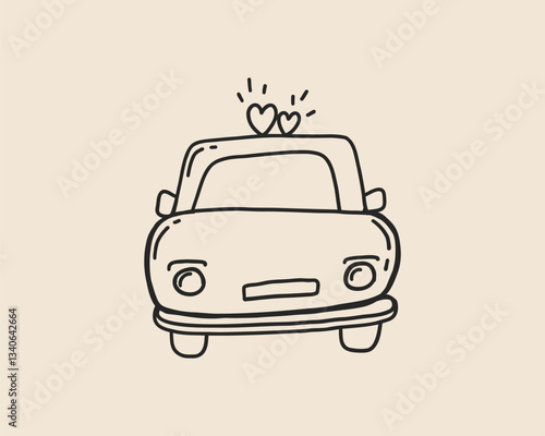 Line art doodle wedding car. Coquette whimsical marriage auto icon. Vector outline illustration