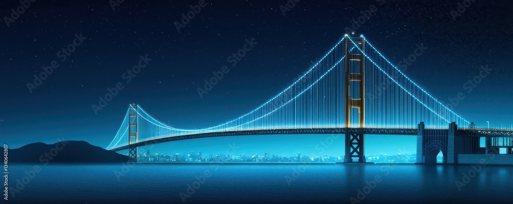 Fototapeta premium A stunning night view of a bridge illuminated by blue lights, reflecting on calm waters under a starry sky.
