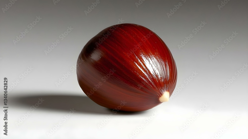 Obraz premium A shiny, reddish-brown chestnut with a smooth surface and a pointed tip, resting on a neutral background. Concept Chestnut Close-Up, Textured Detail, Nature Photography, Smooth Surface