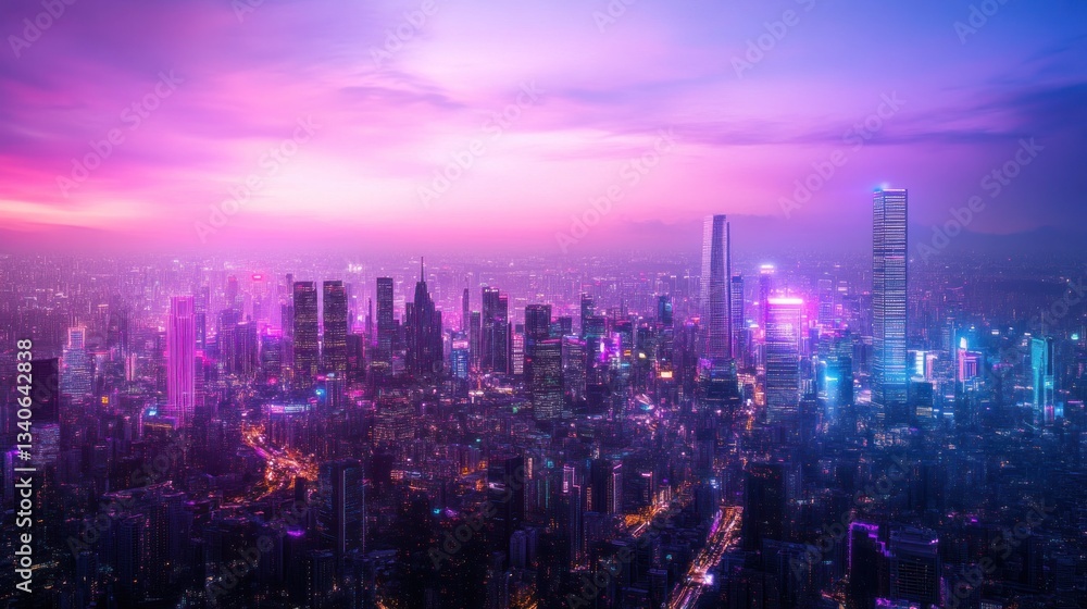 Obraz premium Vibrant Cityscape at Sunset: A Panoramic View of Modern Urban Architecture