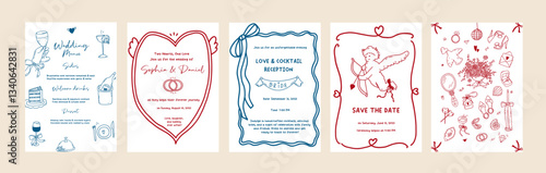 Set of line art wedding invitation card template. Coquette whimsical hand drawn frame, border, vintage decoration design. Minimal cupid, wavy border, banquet table card. Vector outline illustration