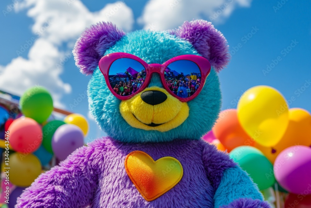 Fototapeta premium Colorful bear mascot entertains crowd at outdoor festival on bright sunny day