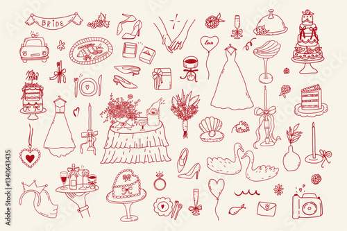 Set of line art doodle wedding icon isolated. Whimsical coquette trendy hand drawn valentine sketch. Vintage amore angel quirky bow, party menu, dinner card. Vector outline illustration
