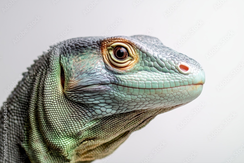 Fototapeta premium Close-up of a green and blue-scaled lizard with a detailed face on neutral background. Wildlife photography, evolution, and nature study