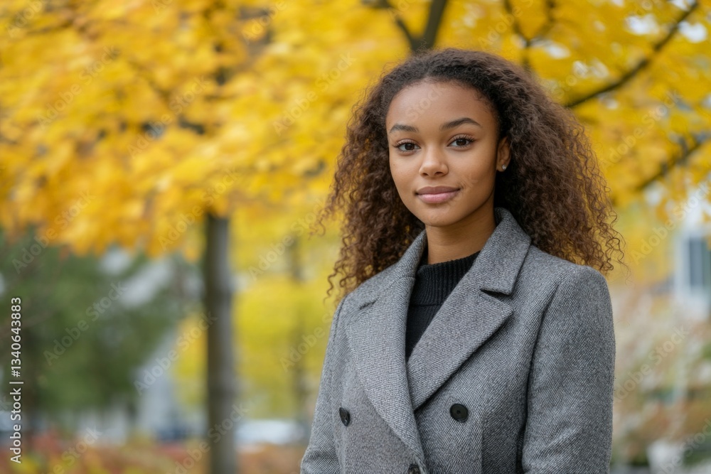 Young woman with curly hair poses confidently in a park surrounded by vibrant autumn trees on a sunny day Young woman with curly hair poses confidently in a park surrounded by vibrant autumn trees on a sunny day