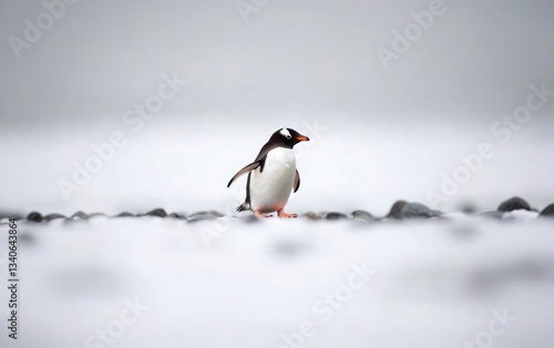 A Gentoo penguin walks across a snowy, rocky beach in Antarctica