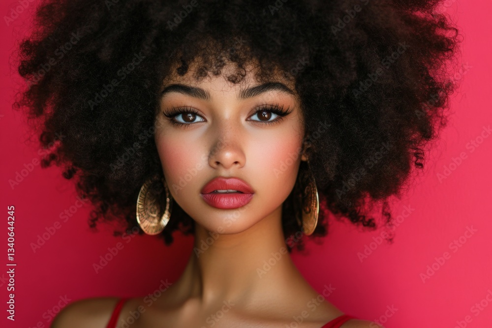 Fototapeta premium Portrait of a young woman with curly hair and bold makeup against a vibrant pink background