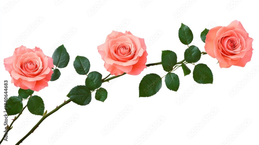 Fototapeta premium Three Peach Roses on a Branch, Isolated on White