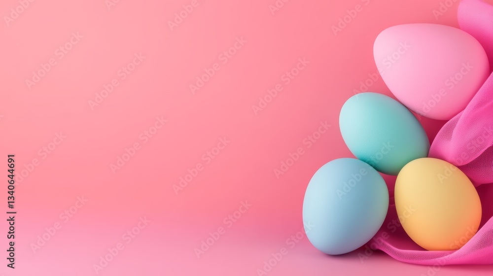 Fototapeta premium Pink background with four eggs of different colors on top of it. The eggs are arranged in a way that they look like they are sitting on a bedspread. The image has a playful and colorful mood