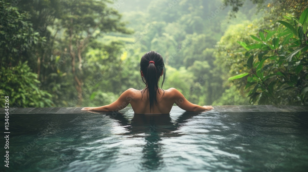 Fototapeta premium Tranquility: A Woman Relaxes in a Jungle Infinity Pool