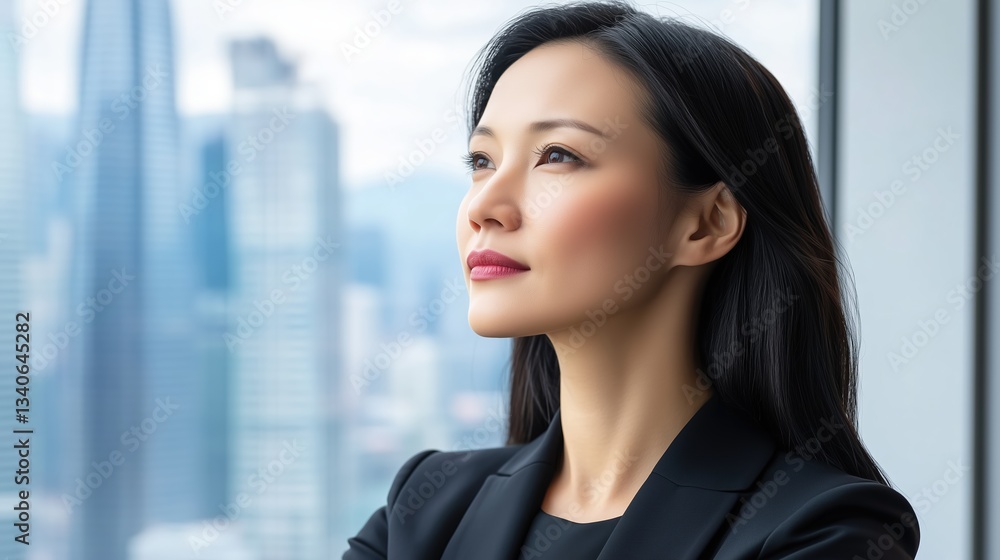 Confident businesswoman in office with city skyline. Leadership and corporate success Confident businesswoman in office with city skyline. Leadership and corporate success