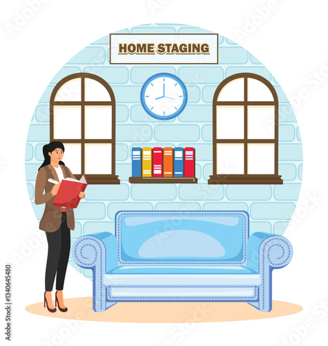 Home staging concept. Woman Planning Home Staging in a Cozy Living Room Setting.