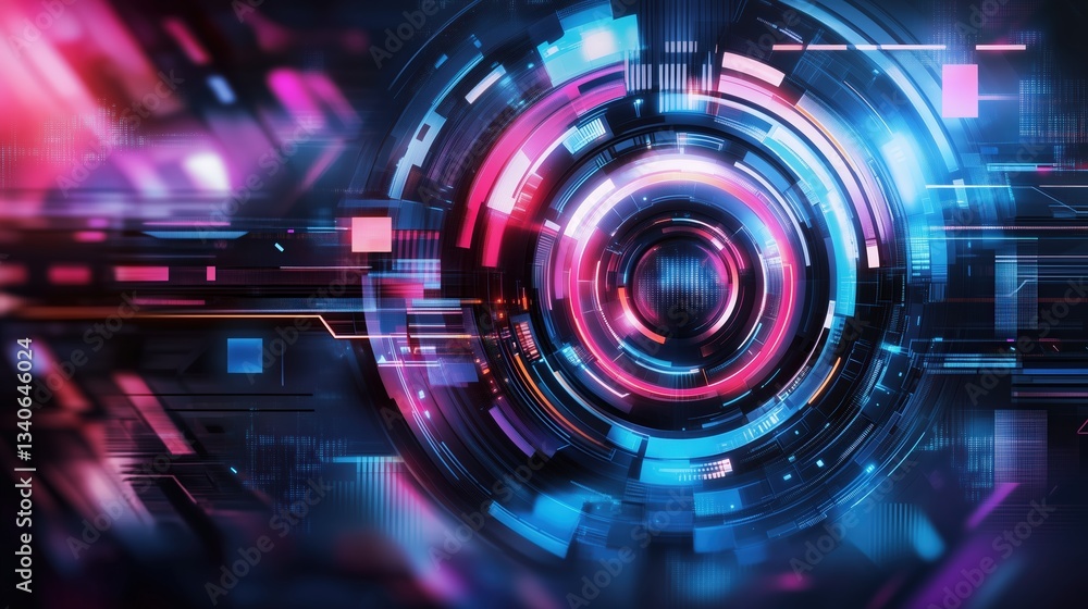Obraz premium Futuristic digital interface with glowing circular elements in cyberpunk colors. High-tech design, innovation