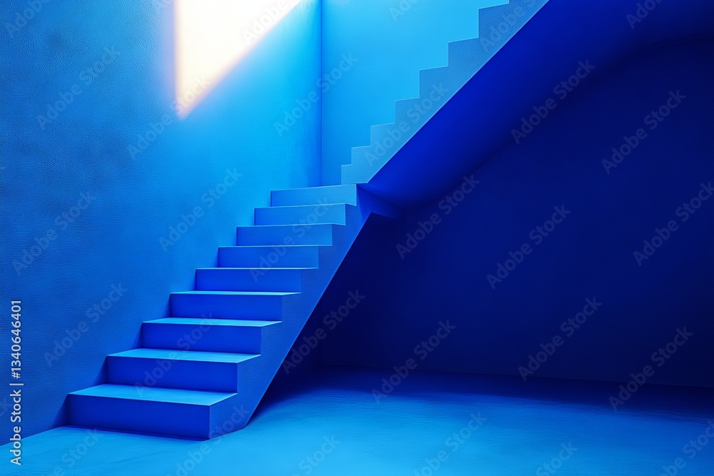 Fototapeta premium Unique blue staircase illuminated by natural light in a minimalist interior space